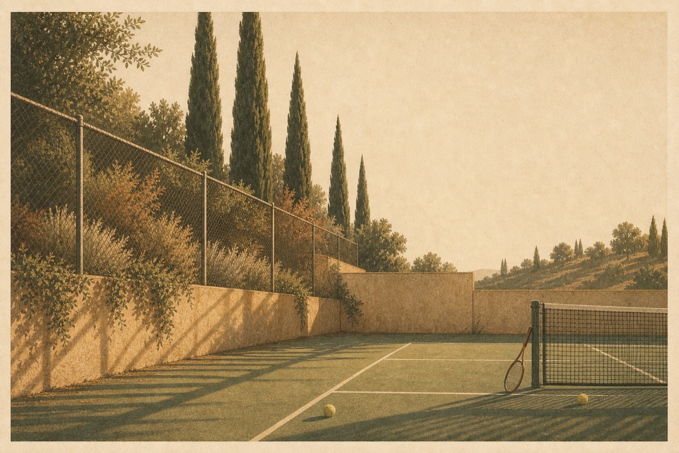 A quiet morning tennis court, painted in warm light
